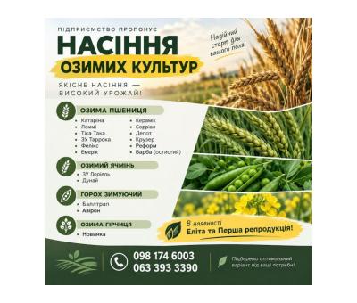 Посівний матеріал озимих культур: Еліта та Перша репродукція